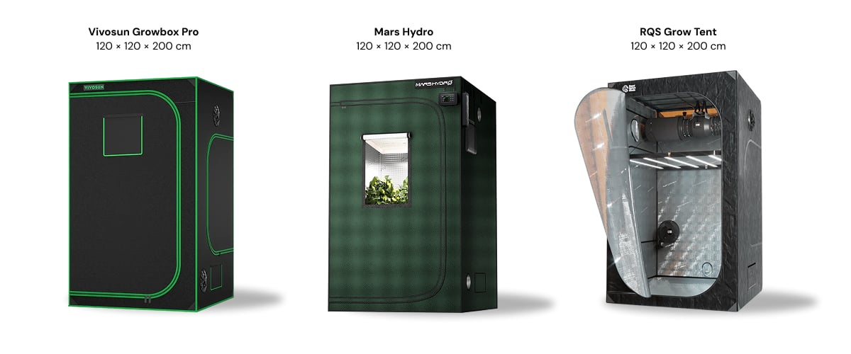 Confronto tra grow box da 120 × 120 × 200 cm Tre grow box da 120 × 120 × 200 cm mostrate una accanto all’altra: Vivosun Growbox Pro, Mars Hydro e RQS Grow Tent