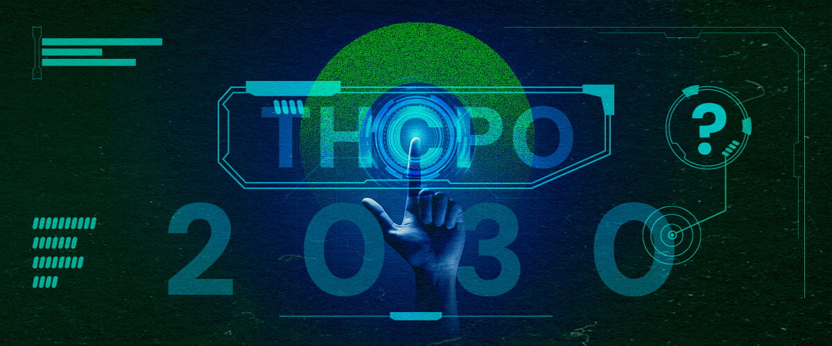 Esplora il Futuro delle Tendenze e della Ricerca sul THCPO con Questa Illustrazione Olografica ad Alta Tecnologia Immagine futuristica di una mano che preme un pulsante olografico