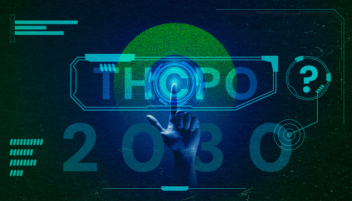 Esplora il Futuro delle Tendenze e della Ricerca sul THCPO con Questa Illustrazione Olografica ad Alta Tecnologia Immagine futuristica di una mano che preme un pulsante olografico