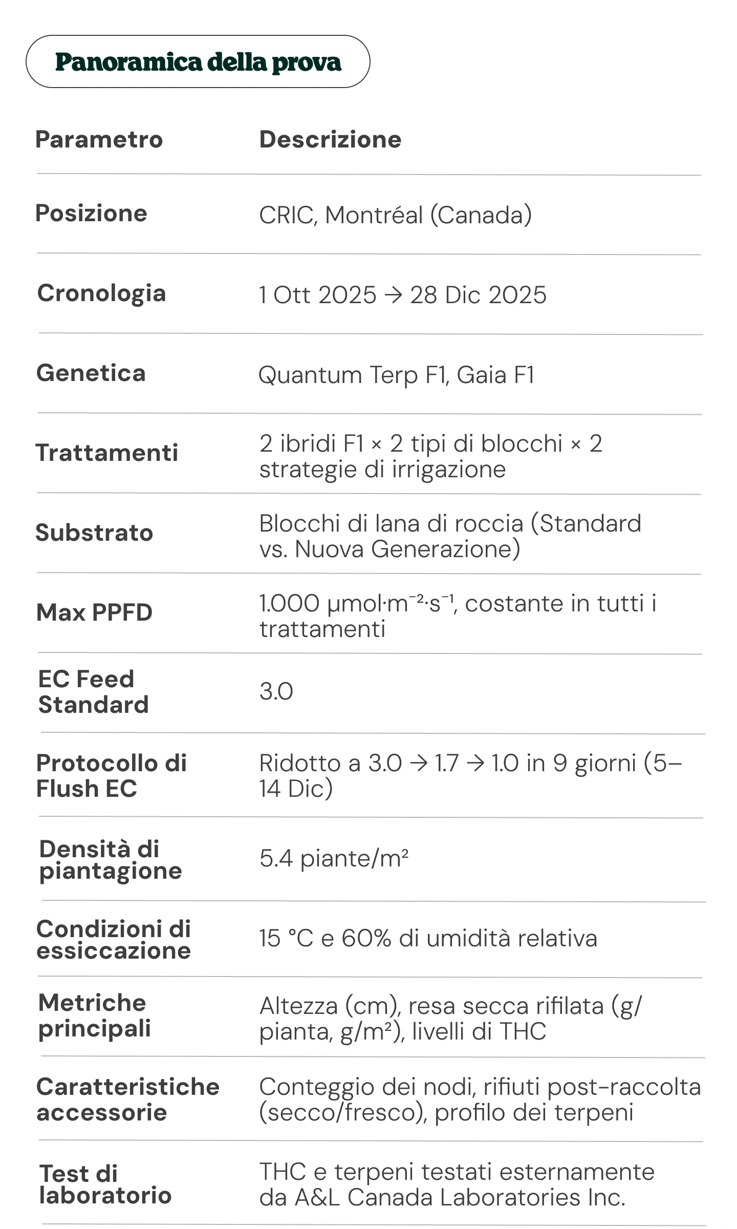 Panoramica della prova sulla cannabis: genetica, trattamenti e metriche Panoramica della prova sulla cannabis: progettazione sperimentale e parametri chiave