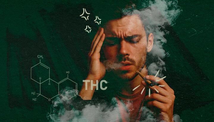 Comprendere la Tolleranza alla Cannabis e gli Effetti del THC Uomo che fuma cannabis illustrando gli effetti del THC e potenziali effetti collaterali come vertigini, rilevante per la tolleranza alla cannabis e le pause di tolleranza.
