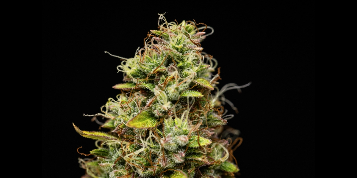 Wedding Cake Auto: resa elevata senza troppa altezza Cima di cannabis Wedding Cake Auto con fiori densi e resinosi, pistilli arancioni, foglie zuccherine verdi e crescita compatta su sfondo scuro.