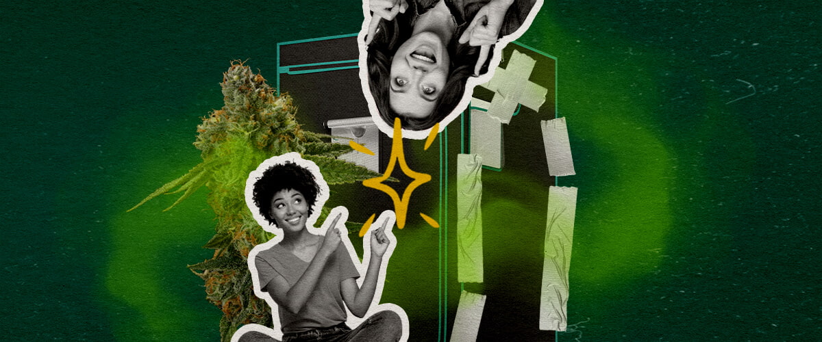 Cosa Rende Veramente una Tenda da Coltivazione Impermeabile agli Odori Cannabis Un'illustrazione di boccioli di cannabis con due donne e una tenda da coltivazione sigillata con nastro adesivo, su uno sfondo verde, esplorando cosa rende una tenda da coltivazione impermeabile agli odori.