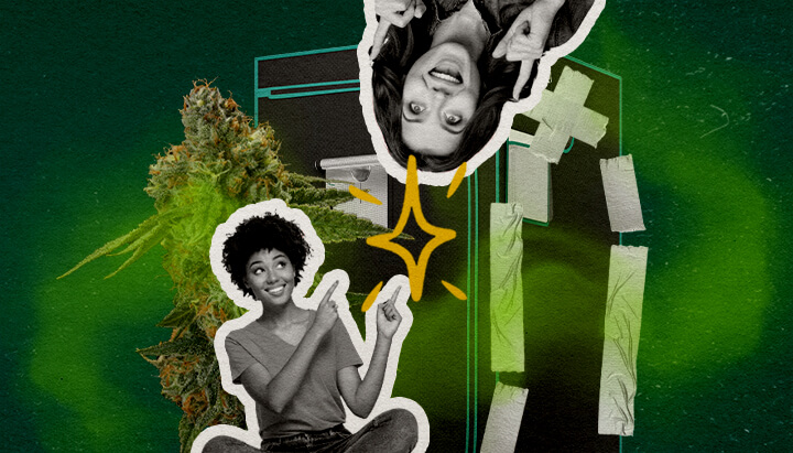 Cosa Rende Veramente una Tenda da Coltivazione Impermeabile agli Odori Cannabis Un'illustrazione di boccioli di cannabis con due donne e una tenda da coltivazione sigillata con nastro adesivo, su uno sfondo verde, esplorando cosa rende una tenda da coltivazione impermeabile agli odori.