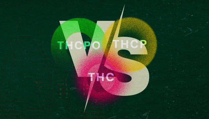 Scopri le Differenze tra THCPO, THCP e THC con Questa Grafica di Confronto Vibrante Grafica colorata che confronta THCPO, THCP e THC con testo in grassetto e tonalità vibranti verdi, rosa e gialle su uno sfondo verde scuro, perfetta per articoli di confronto sul cannabis.