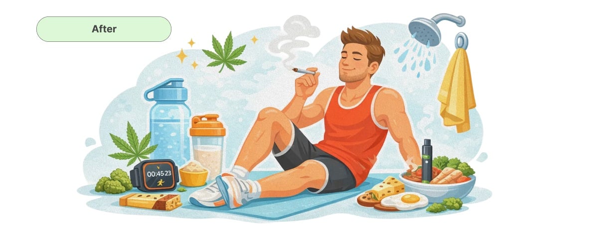 Illustrazione di un corridore che si rilassa con la cannabis dopo l’allenamento, con cibo, idratazione, doccia ed elementi di recupero