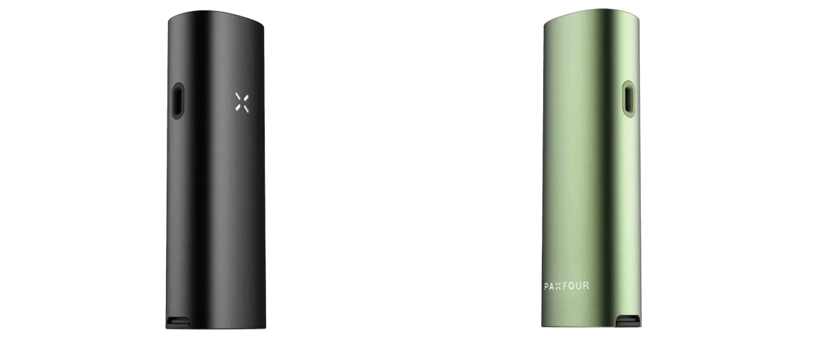 Opzioni colore del vaporizzatore PAX Four in nero e verde Vaporizzatori PAX Four nero e verde mostrati affiancati, con design sottile e compatto, indicatore LED a petali, porta di ricarica laterale e opzioni di colore