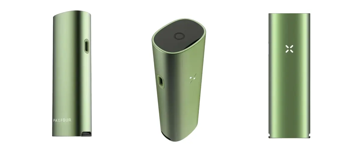 Vista prodotto del vaporizzatore verde PAX Four Vaporizzatore PAX Four verde mostrato da più angolazioni, con design sottile, bocchino, pulsante di accensione, indicatore LED a petali e corpo compatto