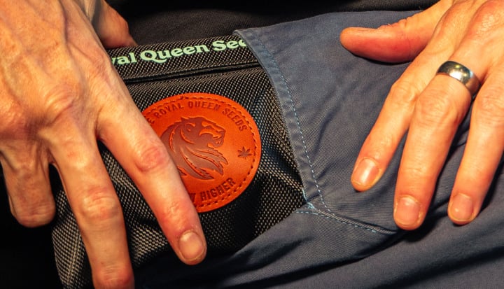 Immagine di mani che infilano una borsa antiodore per cannabis in una tasca.