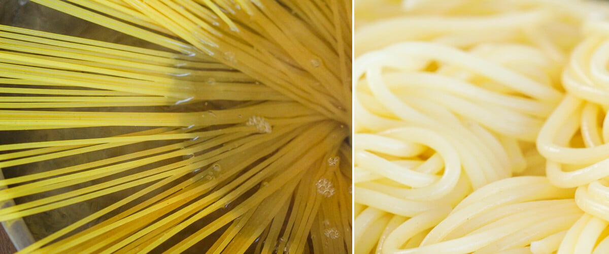 Spaghetti che bollono in acqua salata e pasta appena scolata, primo passo per preparare una carbonara infusa alla cannabis