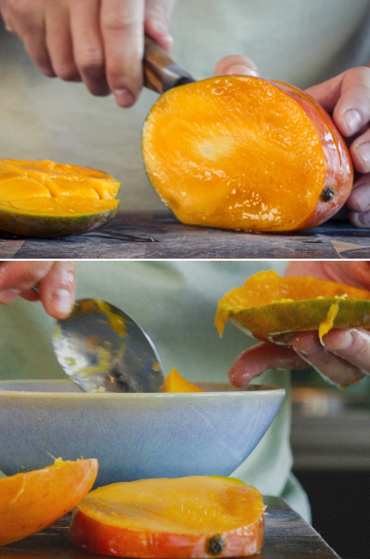 Fase 1: Preparare il mango per un frullato alla cannabis cremoso e vellutato Mani che sbucciano e tagliano un mango maturo a pezzetti su un tagliere per preparare un frullato.