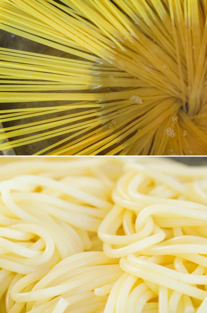 Spaghetti che bollono in acqua salata e pasta appena scolata, primo passo per preparare una carbonara infusa alla cannabis