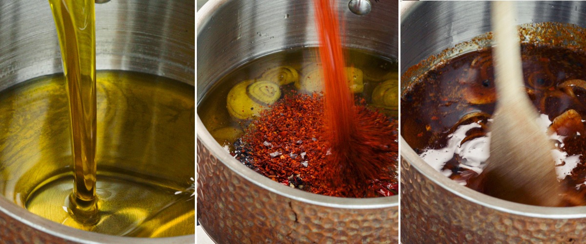 Riscaldamento dell’olio d’oliva e aggiunta di fiocchi di peperoncino, aromi e cannabis decarbossilata in un pentolino per infondere olio al peperoncino e cannabis