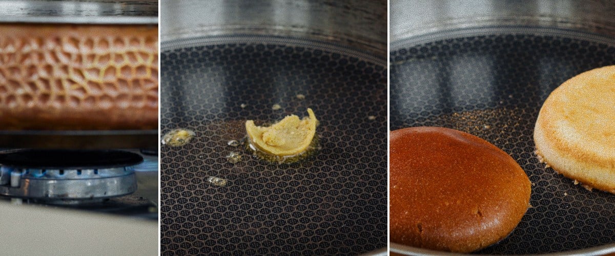 Infondere i panini per hamburger tostando il pane nel burro alla cannabis in padella, secondo passaggio per preparare un burger alla cannabis