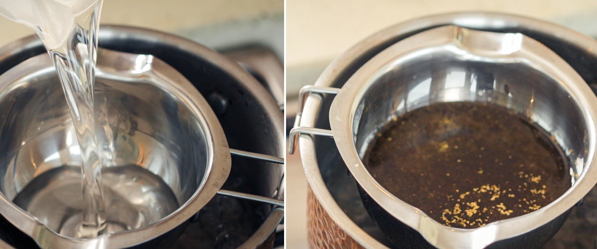 Fase 2: Infondere la Cannabis Decarbossilata nell’Olio MCT Infusione di cannabis decarbossilata in olio MCT a bagnomaria per estrarre delicatamente i cannabinoidi