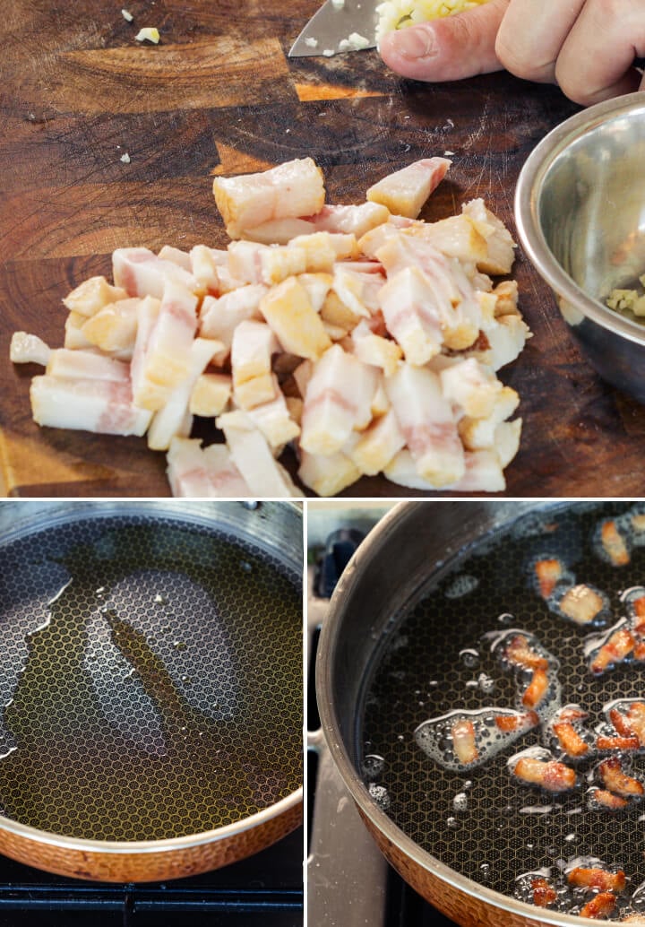 Pancetta a cubetti che rosola in padella con burro o olio infuso, secondo passo per una carbonara infusa alla cannabis