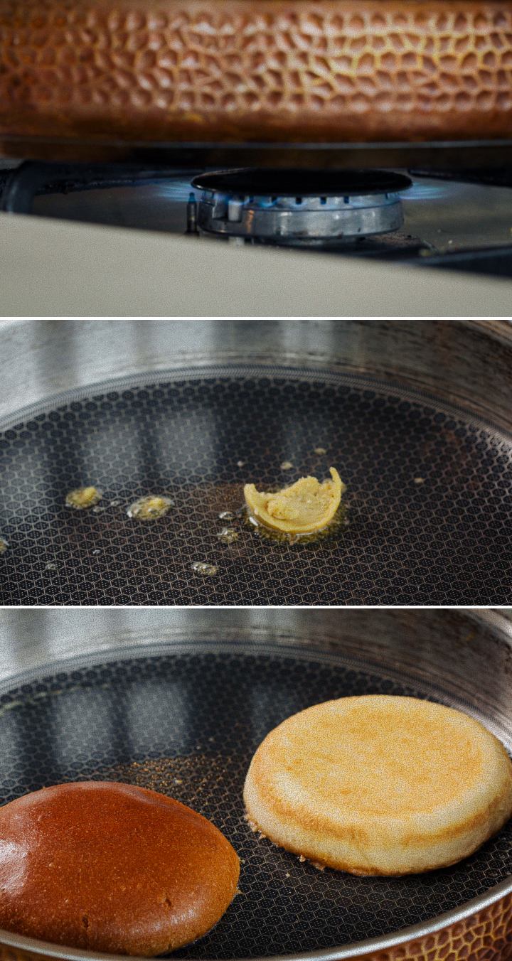 Infondere i panini per hamburger tostando il pane nel burro alla cannabis in padella, secondo passaggio per preparare un burger alla cannabis