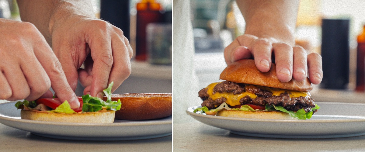 Assemblaggio e servizio di un burger alla cannabis finito con cheddar fuso, lattuga, pomodoro e panino infuso