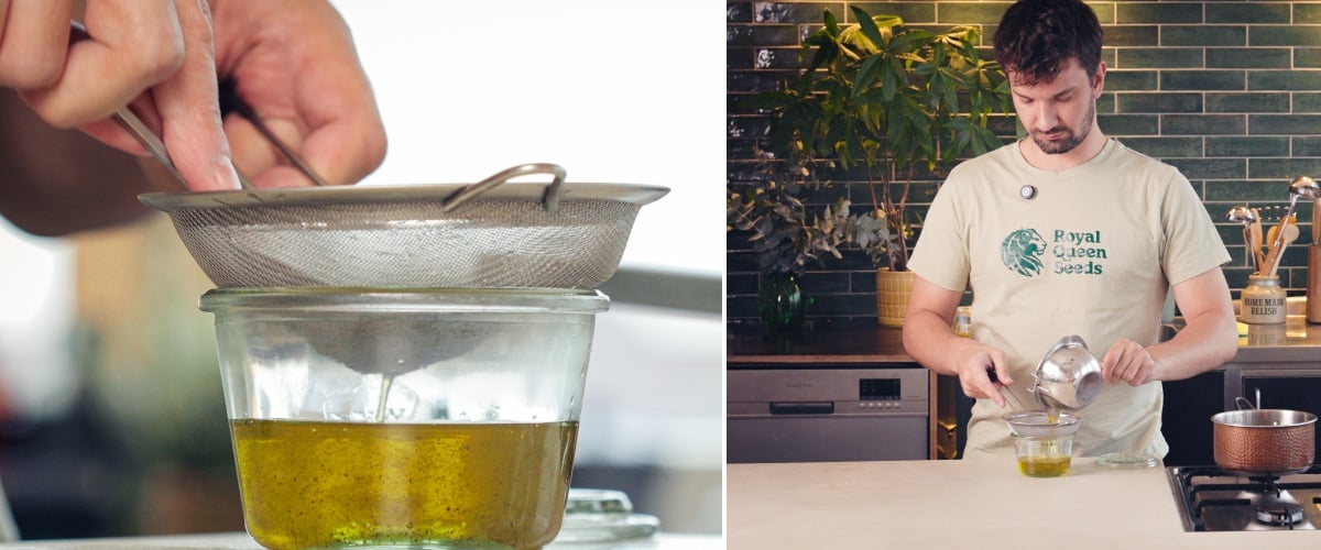 Fase 3: Filtrare l’Olio MCT Infuso alla Cannabis Filtrazione dell’olio MCT infuso alla cannabis attraverso un colino fine in un barattolo di vetro, fase finale del processo di infusione