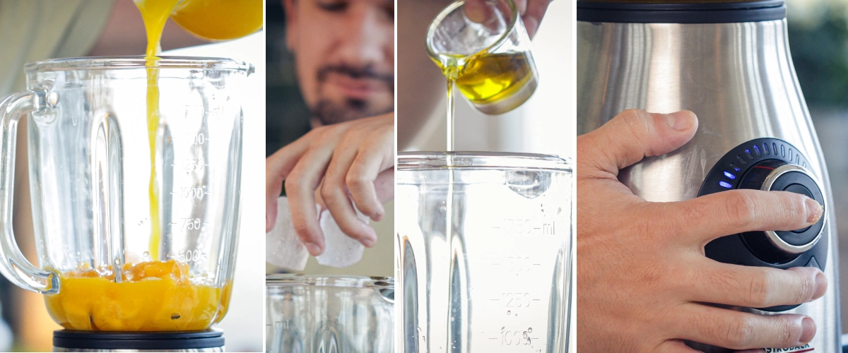 Aggiunta di mango a pezzi, menta, cubetti di ghiaccio, olio MCT alla cannabis e lecitina nel frullatore prima di frullare.