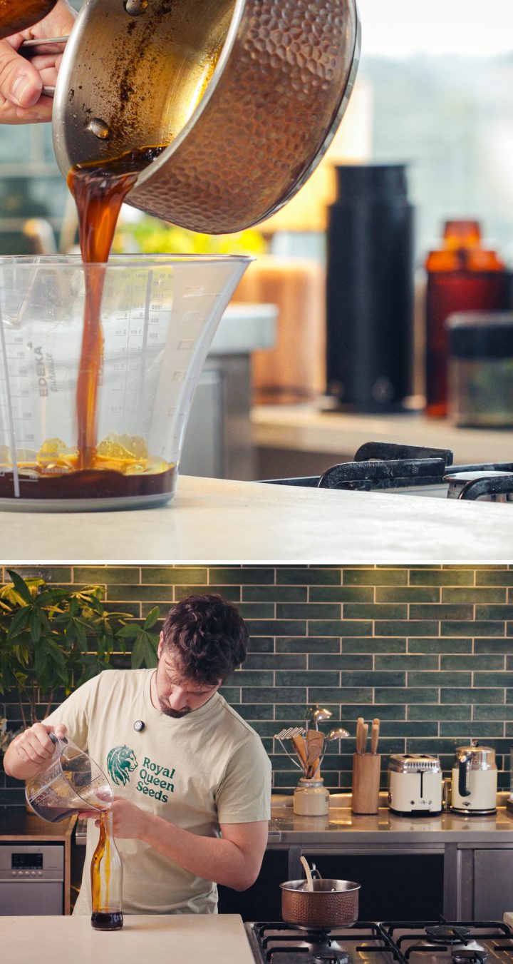 Filtrare l’olio al peperoncino infuso alla cannabis attraverso un colino e versarlo in una bottiglia di vetro per la conservazione