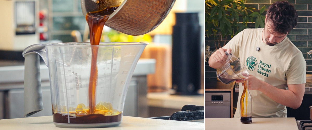 Filtrare l’olio al peperoncino infuso alla cannabis attraverso un colino e versarlo in una bottiglia di vetro per la conservazione