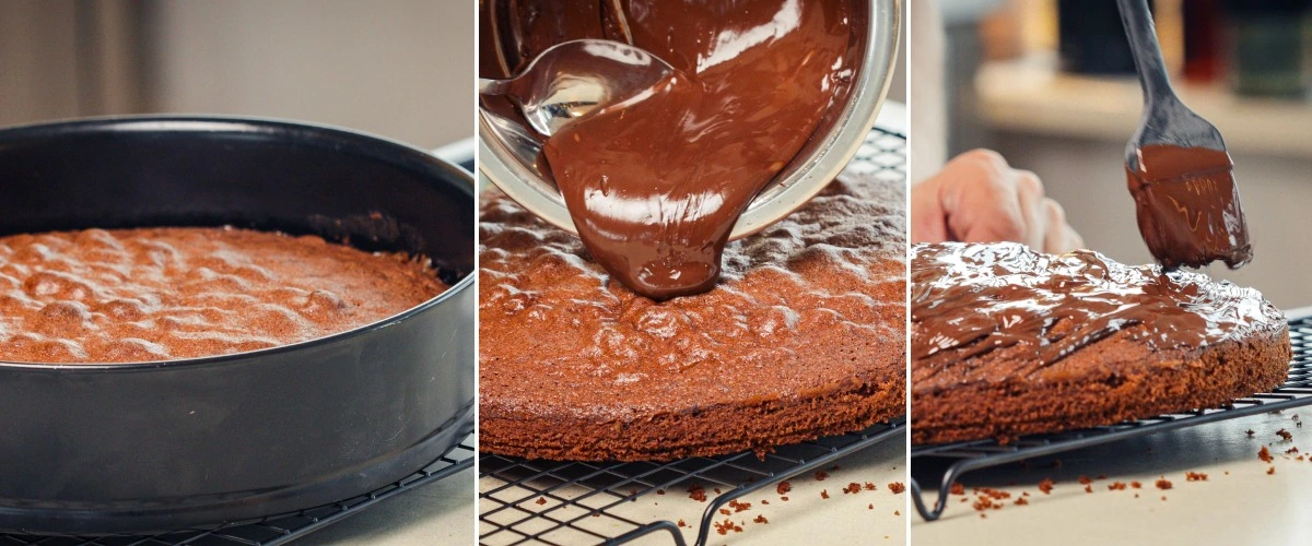 Versare cioccolato fondente fuso su uno space cake raffreddato e spalmarlo in modo uniforme, quarto passo per completarlo