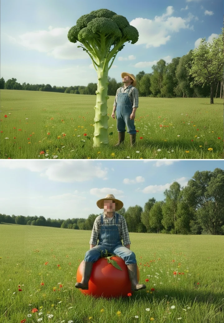 Immagine surreale GrowHauzz con un enorme broccolo e un pomodoro gigante in un campo soleggiato, che rappresenta grandi idee di coltivazione e un approccio audace