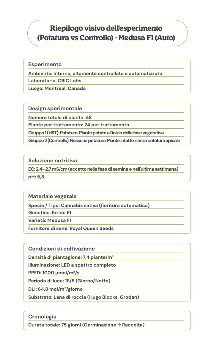 Riepilogo visivo della prova Medusa F1 (Auto) che confronta topping vs controllo, con disegno sperimentale, materiale vegetale, condizioni di coltivazione, soluzione nutritiva e timeline