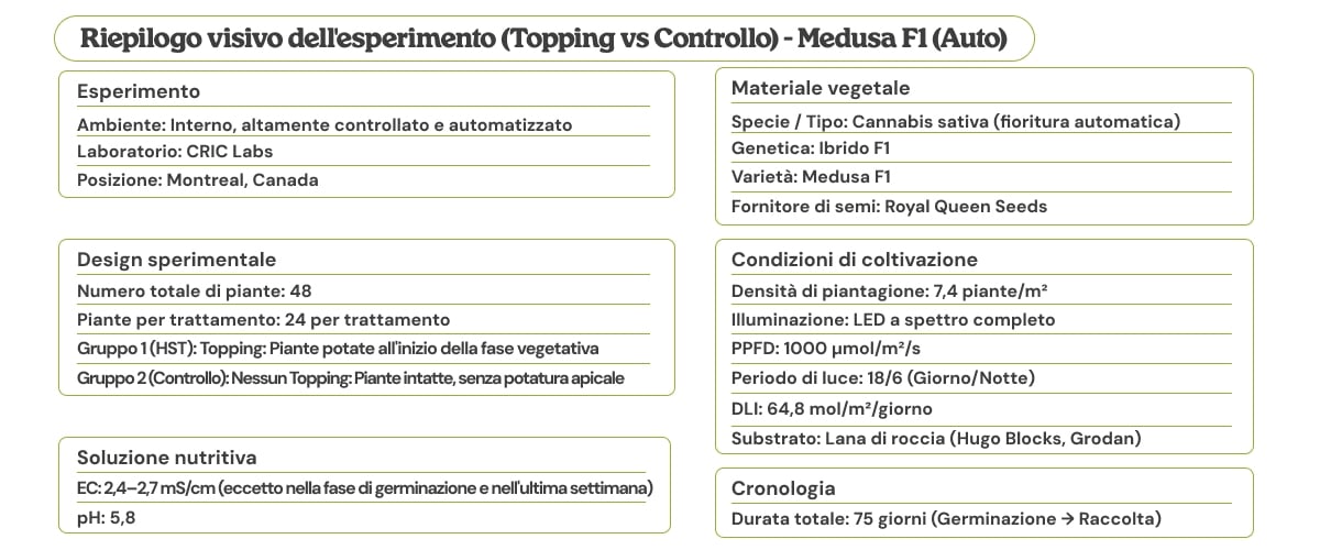 Riepilogo visivo della prova Medusa F1 (Auto) che confronta topping vs controllo, con disegno sperimentale, materiale vegetale, condizioni di coltivazione, soluzione nutritiva e timeline