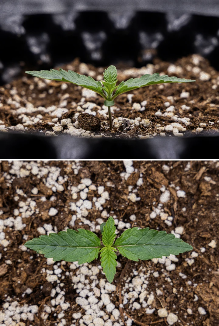 Report di Coltivazione GOAT'lato Auto – Settimana 1 Fase di Piantina Piantina di cannabis GOAT'lato Auto nella settimana 1 coltivata in BioBizz Light Mix sotto luce LED, con le prime foglie vere e crescita iniziale vigorosa